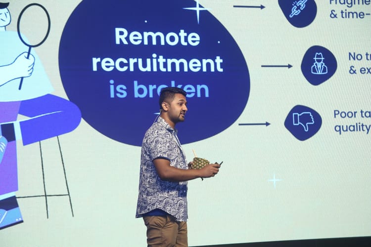 Sayem Faruk on stage presenting Airwork at Grameenphone Accelerator